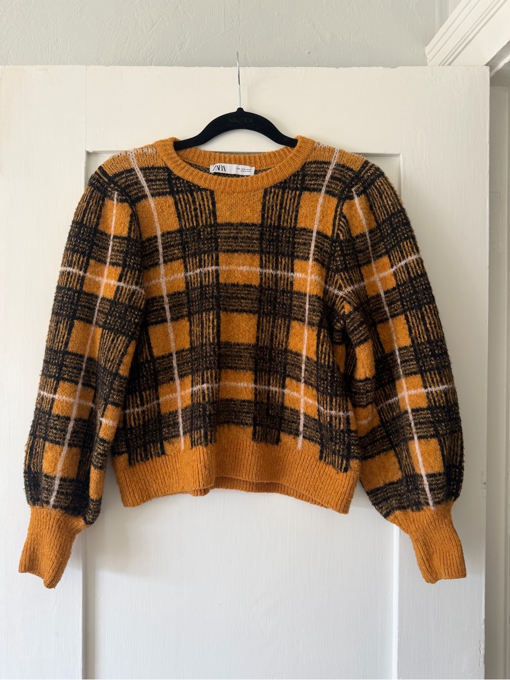 ZARA Mustard Yellow Plaid Check Knit Puff Sleeve Crewneck Sweater Tartan